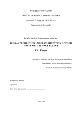 Biogas production under co-digestion of food waste with sewage sludge : bachelor thesis in environmental technology 