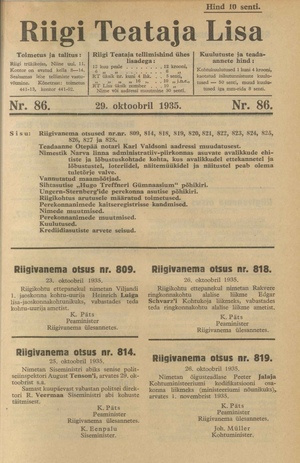Riigi Teataja Lisa : seaduste alustel avaldatud teadaanded ; 86 1935-10-29