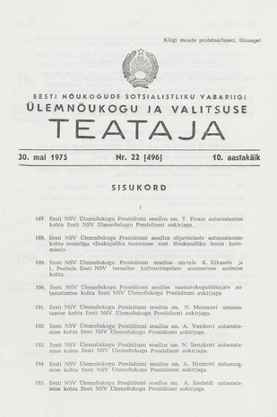Eesti Nõukogude Sotsialistliku Vabariigi Ülemnõukogu ja Valitsuse Teataja ; 22 (496) 1975-05-30