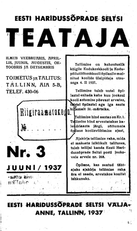 Eesti Haridussõprade Seltsi Teataja ; 3 1937-06