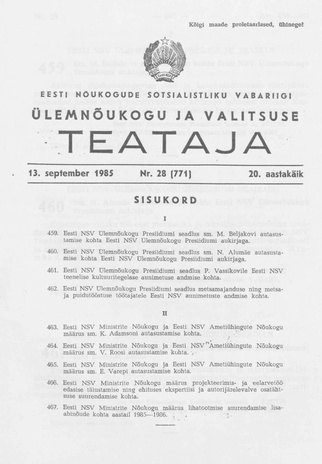 Eesti Nõukogude Sotsialistliku Vabariigi Ülemnõukogu ja Valitsuse Teataja ; 28 (771) 1985-09-13