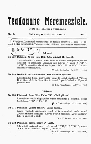 Teadaanne Meremeestele : Veeteede Talituse väljaanne ; 5 1940-02-06