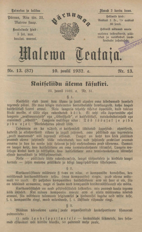 Pärnumaa Maleva Teataja ; 13 (87) 1932-07-10