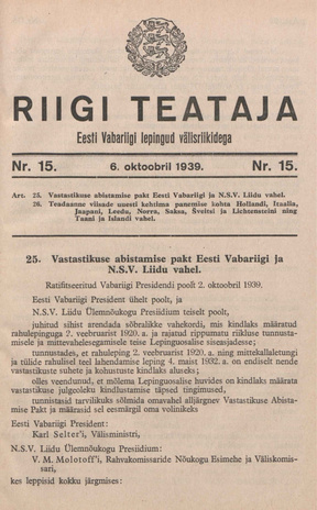 Riigi Teataja. Eesti Vabariigi lepingud välisriikidega ; 15 1939-10-06