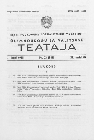 Eesti Nõukogude Sotsialistliku Vabariigi Ülemnõukogu ja Valitsuse Teataja ; 23 (848) 1988-06-03