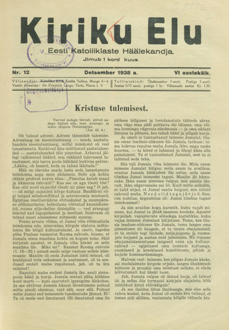 Kiriku Elu : Eesti Katoliiklaste Häälekandja ; 12 1938-12-05