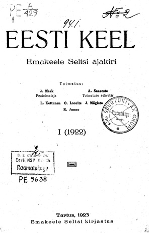 Eesti Keel ; sisukord 1922