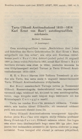 Tartu Ülikooli arstiteaduskond 1810-1814 Karl Ernst von Baer'i autobiograafilisis märkmeis