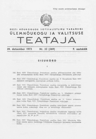 Eesti Nõukogude Sotsialistliku Vabariigi Ülemnõukogu ja Valitsuse Teataja ; 52 (369) 1972-12-29