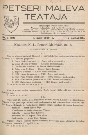 Petseri Maleva Teataja ; 5 (49) 1939-05-03