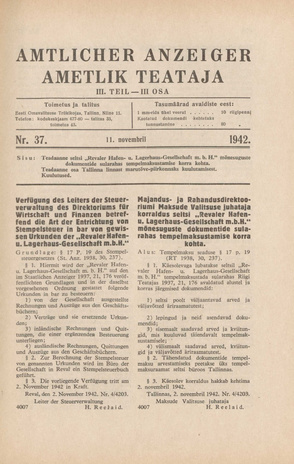 Ametlik Teataja. III osa = Amtlicher Anzeiger. III Teil ; 37 1942-11-11