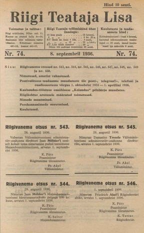 Riigi Teataja Lisa : seaduste alustel avaldatud teadaanded ; 74 1936-09-08