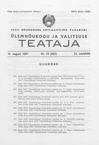 Eesti Nõukogude Sotsialistliku Vabariigi Ülemnõukogu ja Valitsuse Teataja ; 28 (805) 1987-08-12