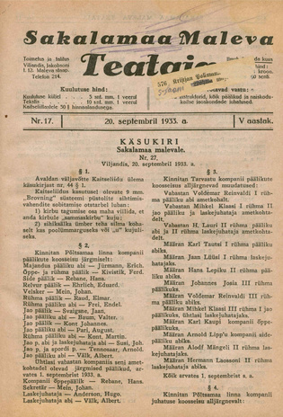 Sakalamaa Maleva Teataja ; 17 1933-09-20