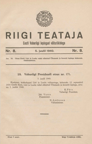 Riigi Teataja. Eesti Vabariigi lepingud välisriikidega ; 8 1940-07-05