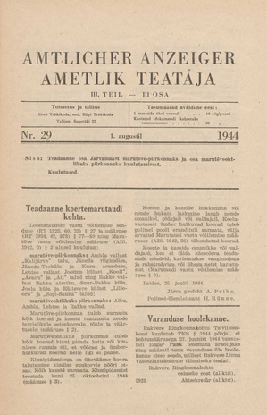 Ametlik Teataja. III osa = Amtlicher Anzeiger. III Teil ; 29 1944-08-01
