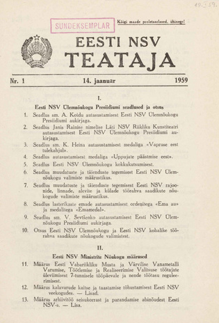 Eesti NSV Teataja = Ведомости Эстонской ССР ; 1 1959-01-14
