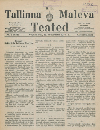K. L. Tallinna Maleva Teated ; 5 (423) 1940-02-15