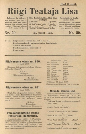 Riigi Teataja Lisa : seaduste alustel avaldatud teadaanded ; 59 1935-07-30