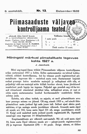 Piimasaaduste Väljaveo Kontrolljaama Teated ; 12 1928-12