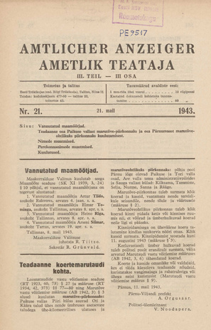 Ametlik Teataja. III osa = Amtlicher Anzeiger. III Teil ; 21 1943-05-21