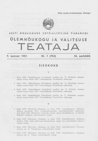 Eesti Nõukogude Sotsialistliku Vabariigi Ülemnõukogu ja Valitsuse Teataja ; 1 (763) 1981-01-09