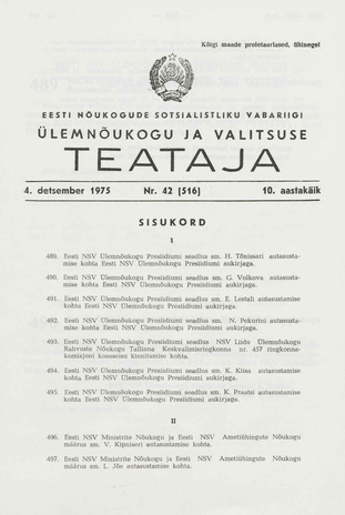 Eesti Nõukogude Sotsialistliku Vabariigi Ülemnõukogu ja Valitsuse Teataja ; 42 (516) 1975-12-04