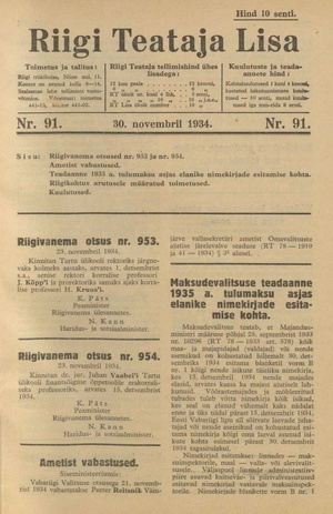 Riigi Teataja Lisa : seaduste alustel avaldatud teadaanded ; 91 1934-11-30