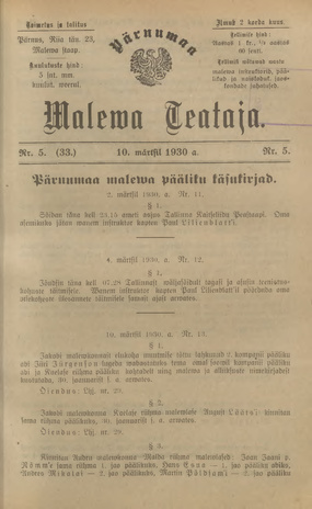 Pärnumaa Maleva Teataja ; 5 (33) 1930-03-10