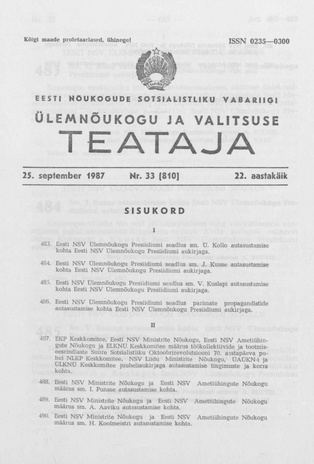 Eesti Nõukogude Sotsialistliku Vabariigi Ülemnõukogu ja Valitsuse Teataja ; 33 (810) 1987-09-25