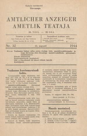 Ametlik Teataja. III osa = Amtlicher Anzeiger. III Teil ; 32 1944-08-25