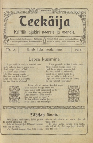Teekäija : Eesti Baptisti Koguduse Ühenduse häälekandja ; 2 1913