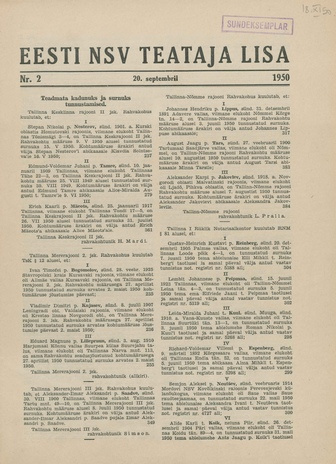 Eesti NSV Teataja lisa ; 2 1950-09-20