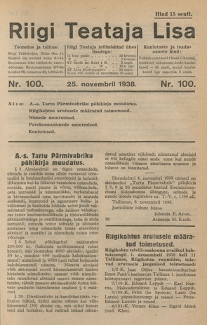 Riigi Teataja Lisa : seaduste alustel avaldatud teadaanded ; 100 1938-11-25
