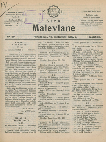K. L. Viru Malevlane ; 20 1929-09-15