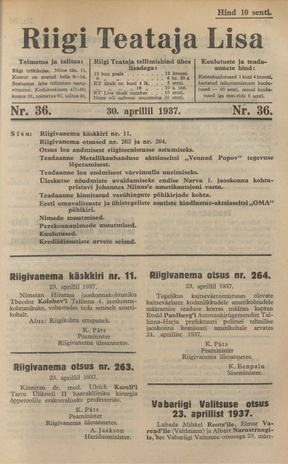 Riigi Teataja Lisa : seaduste alustel avaldatud teadaanded ; 36 1937-04-30