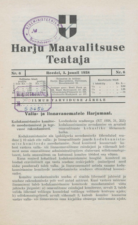 Harju Maavalitsuse Teataja ; 6 1938-06-03