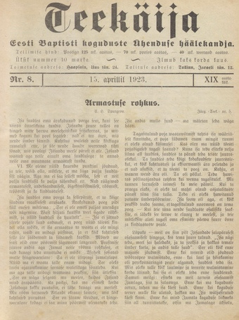 Teekäija : Eesti Baptisti Koguduse Ühenduse häälekandja ; 8 1923-04-15