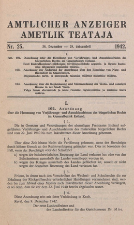 Ametlik Teataja. I/II osa = Amtlicher Anzeiger. I/II Teil ; 25 1942-12-28