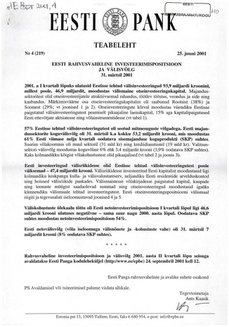 Eesti Pank : teabeleht ; 4 (219) 2001-06-25