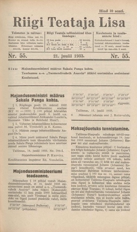 Riigi Teataja Lisa : seaduste alustel avaldatud teadaanded ; 55 1933-07-21