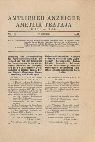 Ametlik Teataja. III osa = Amtlicher Anzeiger. III Teil ; 11 1941-12-30