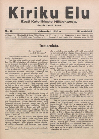 Kiriku Elu : Eesti Katoliiklaste Häälekandja ; 12 1935-12-01