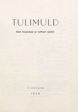 Tulimuld : Eesti kirjanduse ja kultuuri ajakiri ; sisukord 1959