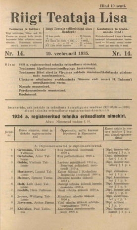 Riigi Teataja Lisa : seaduste alustel avaldatud teadaanded ; 14 1935-02-19