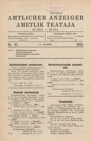 Ametlik Teataja. III osa = Amtlicher Anzeiger. III Teil ; 45 1943-11-18