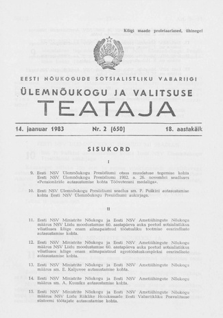 Eesti Nõukogude Sotsialistliku Vabariigi Ülemnõukogu ja Valitsuse Teataja ; 2 (650) 1983-01-14