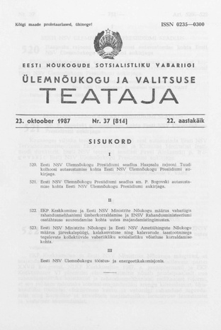 Eesti Nõukogude Sotsialistliku Vabariigi Ülemnõukogu ja Valitsuse Teataja ; 37 (814) 1987-10-23