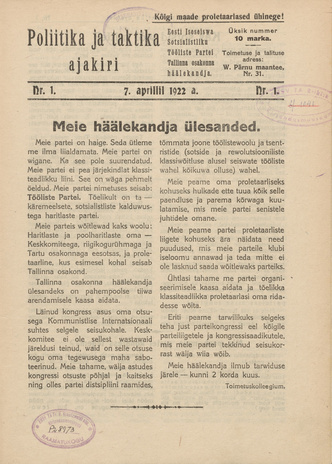 Poliitika ja Taktika Ajakiri ; 1 1922-04-07