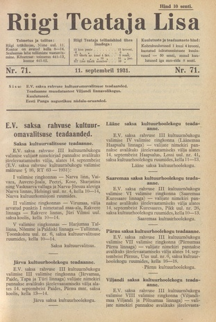 Riigi Teataja Lisa : seaduste alustel avaldatud teadaanded ; 71 1931-09-11